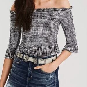 🔥 American Eagle Black White Gingham Ruched Crop Top Flutter Half Sleeves Small